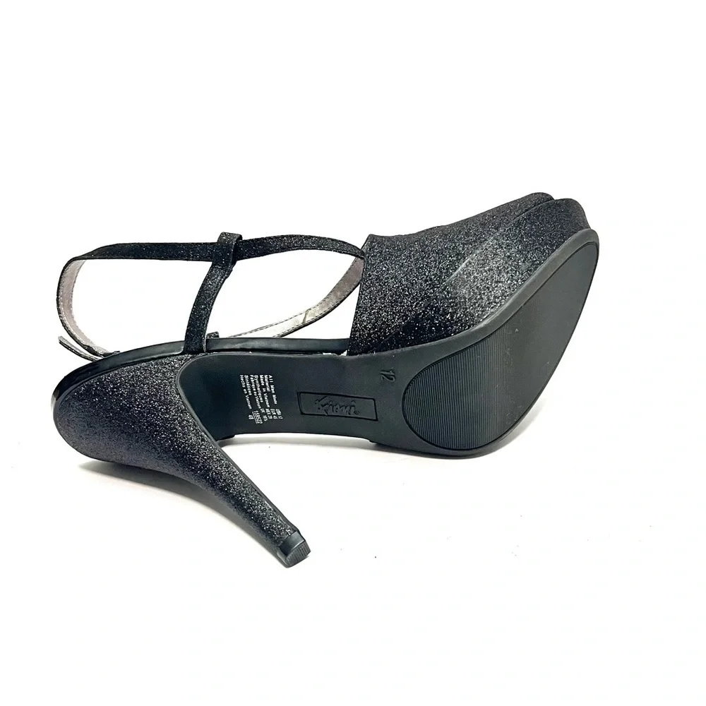 Vintage Y2K deadstock black glitter vegan leather strappy platform formal heels